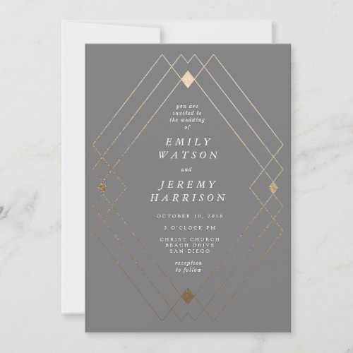 Gold Diamond Grey Geometric Deco Gatsby Wedding Invitation