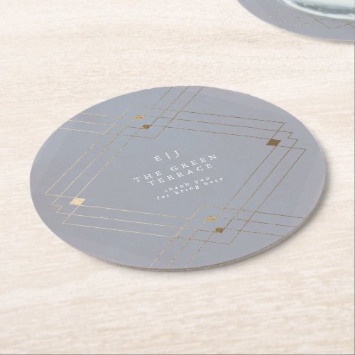 Gold Diamond Grey Geometric Deco Gatsby Wedding Round Paper Coaster