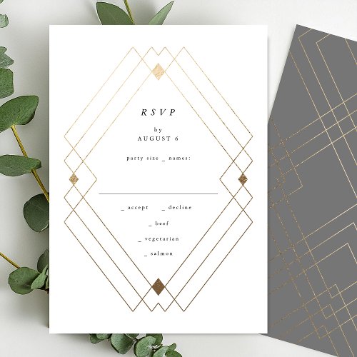 Gold Diamond Grey Geometric Deco Gatsby Wedding RSVP Card