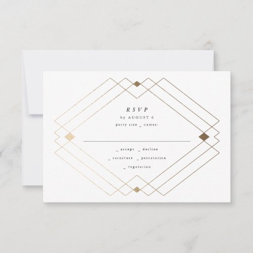 Gold Diamond Grey Geometric Deco Gatsby Wedding RSVP Card