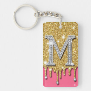Gold Diamond Initial M Pink Background Gift Idea Keychain