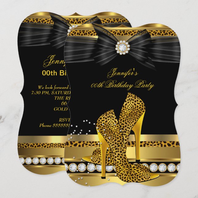 Gold Diamond Leopard High Heels Birthday Party Invitation (Front/Back)
