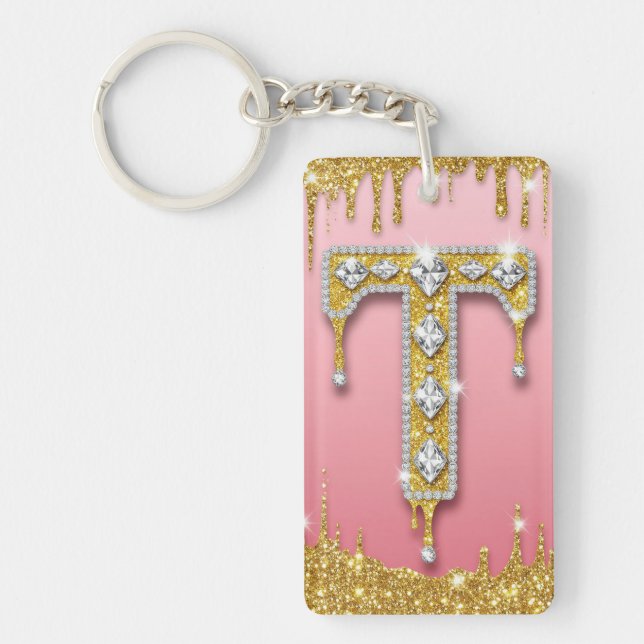 Gold Diamond Monogram Letter T Pink Gift Idea Keychain (Front)