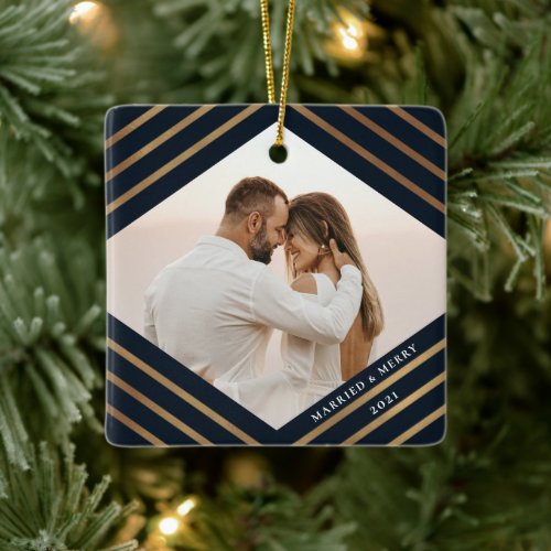 Gold Diamond Navy 2 Photo Married Merry Christmas Ceramic Ornament