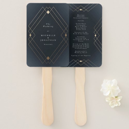 Gold Diamond Navy Geometric Deco Gatsby Wedding Hand Fan