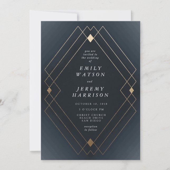 Gold Diamond Navy Geometric Deco Gatsby Wedding Invitation (Front)