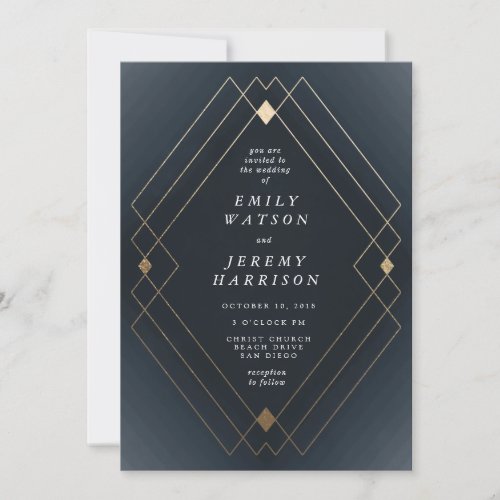 Gold Diamond Navy Geometric Deco Gatsby Wedding Invitation