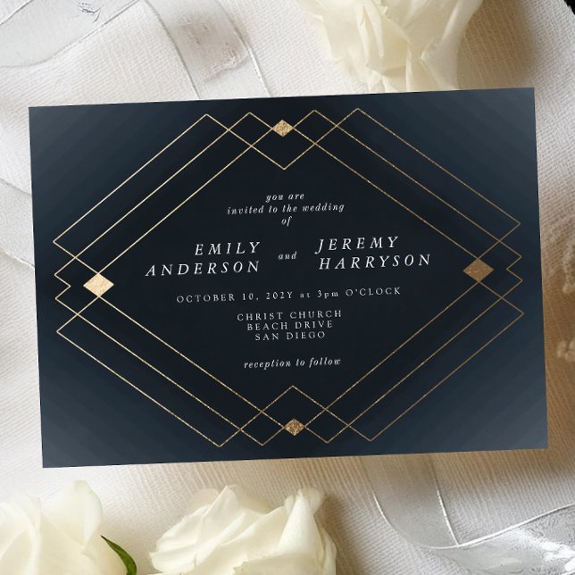 Gold Diamond Navy Geometric Deco Gatsby Wedding Invitation (Creator Uploaded)