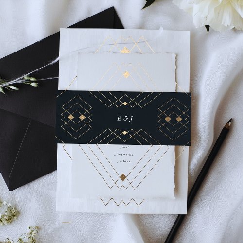 Gold Diamond Navy Geometric Deco Gatsby Wedding Invitation Belly Band