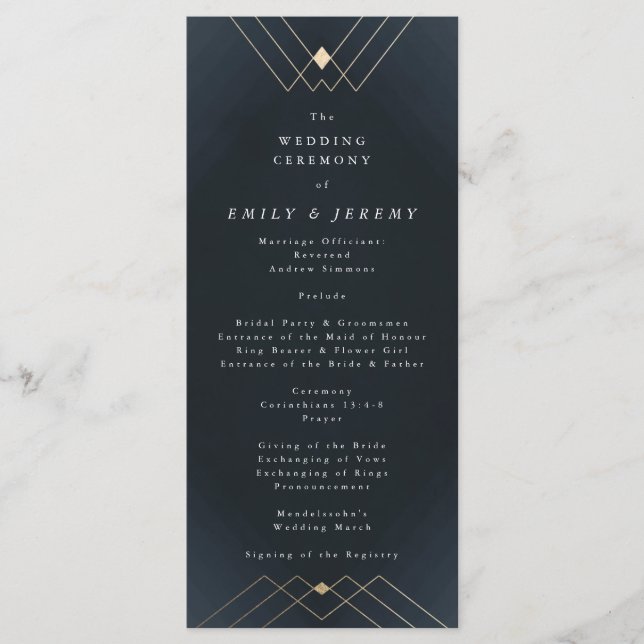 Gold Diamond Navy Geometric Deco Gatsby Wedding Program (Front)
