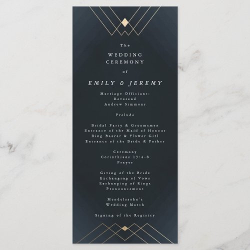 Gold Diamond Navy Geometric Deco Gatsby Wedding Program