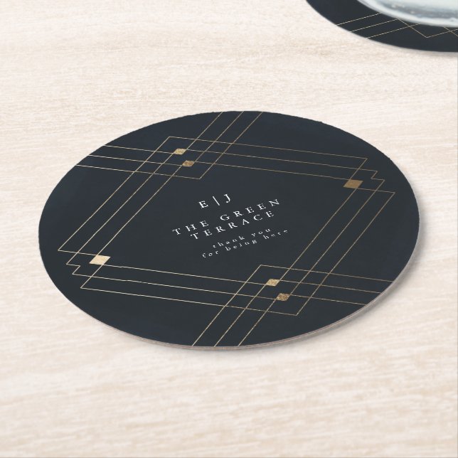 Gold Diamond Navy Geometric Deco Gatsby Wedding Round Paper Coaster (Angled)