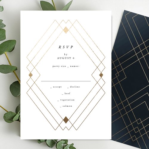 Gold Diamond Navy Geometric Deco Gatsby Wedding RSVP Card