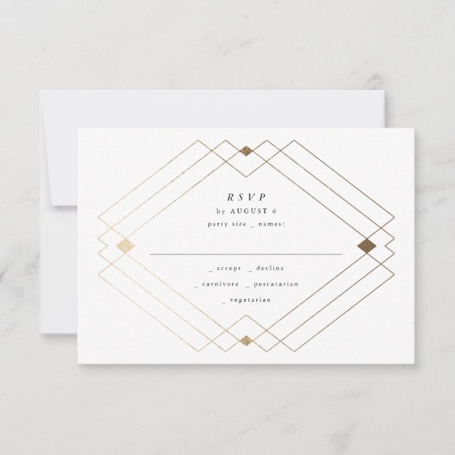 Gold Diamond Navy Geometric Deco Gatsby Wedding RSVP Card (Front)