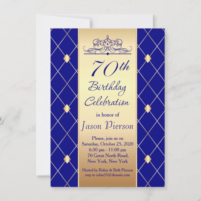 Gold diamond pattern on blue 70th Birthday Party Invitation (Front)