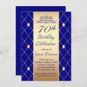 Gold diamond pattern on blue 70th Birthday Party Invitation (Front/Back)