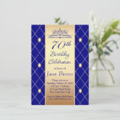 Gold diamond pattern on blue 70th Birthday Party Invitation (Standing Front)