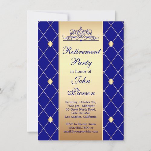 Gold diamond pattern on blue Retirement Party Invitation