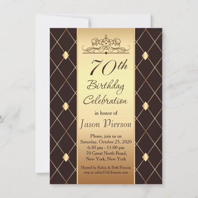 Gold diamond pattern on brown 70th Birthday Party Invitation (Front)