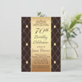 Gold diamond pattern on brown 70th Birthday Party Invitation (Standing Front)