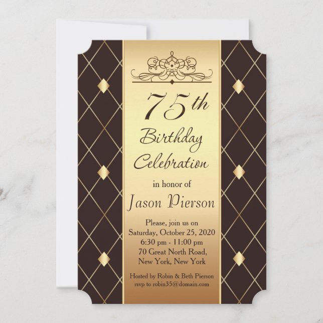 Gold diamond pattern on brown 75th Birthday Party Invitation (Front)