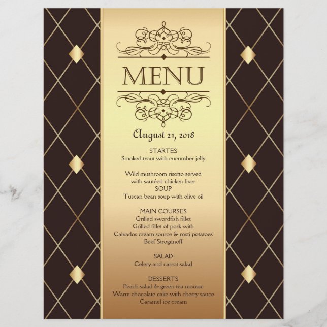 Gold diamond pattern on brown Wedding Menu (Front)