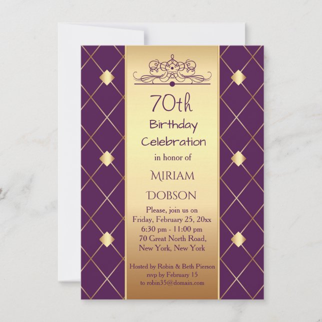 Gold diamond pattern on purple 70th Birthday Party Invitation (Front)