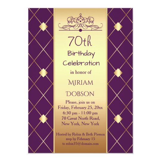 Gold diamond pattern on purple 70th Birthday Party Invitation | Zazzle.com