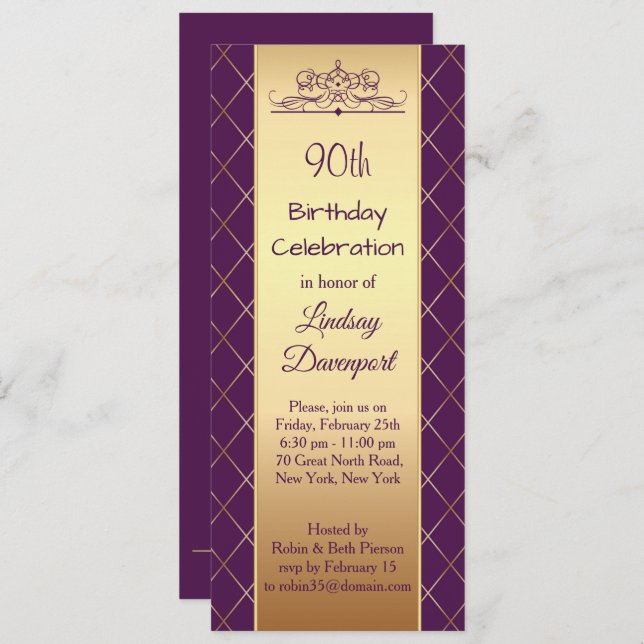 Gold diamond pattern on purple 90th Birthday Party Invitation (Front/Back)