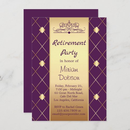 Gold diamond pattern on purple Retirement Party Invitation