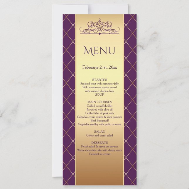 Gold diamond pattern on royal purple Wedding Menu Invitation (Front)