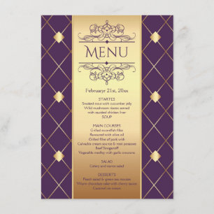 Gold diamond pattern on royal purple Wedding Menu Invitation