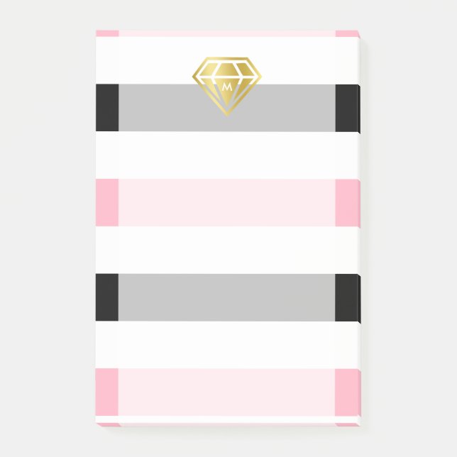 Gold Diamond & Pink & Black Stripes Monogram Post-it Notes (Front)