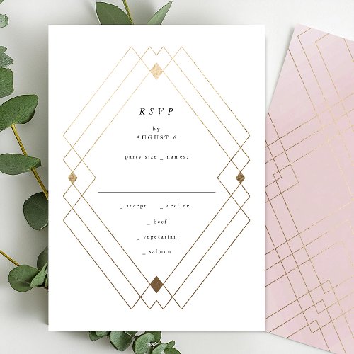 Gold Diamond Pink Geometric Deco Gatsby Wedding RSVP Card