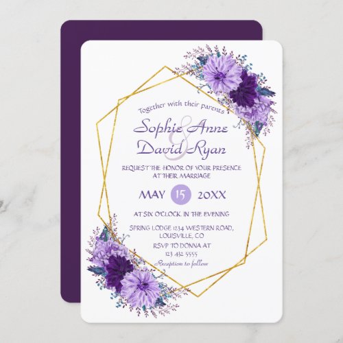 Gold Diamond Purple Floral Geometric Wedding Invitation
