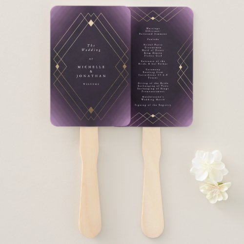 Gold Diamond Purple Geometric Deco Gatsby Wedding Hand Fan