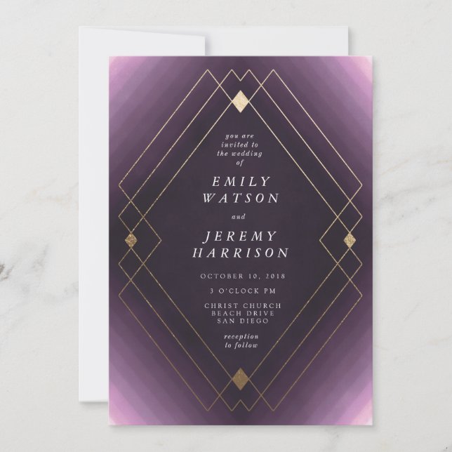 Gold Diamond Purple Geometric Deco Gatsby Wedding Invitation (Front)