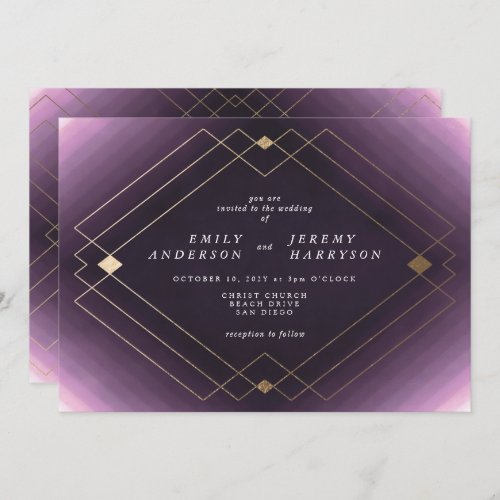 Gold Diamond Purple Geometric Deco Gatsby Wedding Invitation