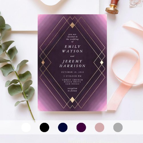 Gold Diamond Purple Geometric Deco Gatsby Wedding Invitation