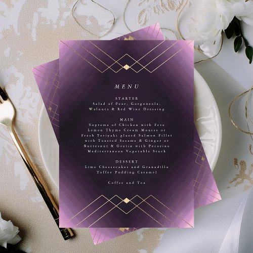 Gold Diamond Purple Geometric Deco Gatsby Wedding Menu