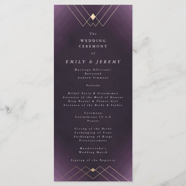 Gold Diamond Purple Geometric Deco Gatsby Wedding Program (Front)