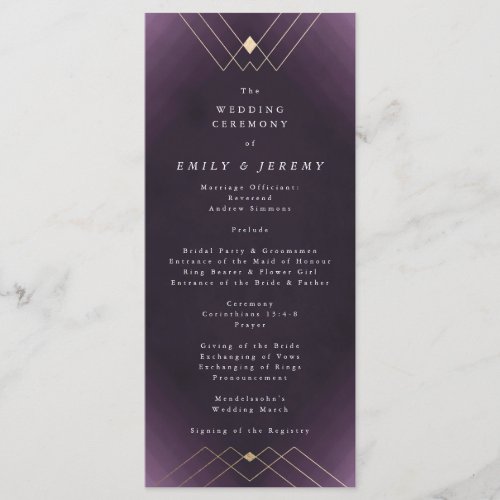 Gold Diamond Purple Geometric Deco Gatsby Wedding Program