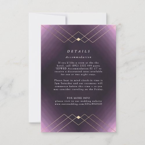 Gold Diamond Purple Geometric Deco Gatsby Wedding RSVP Card