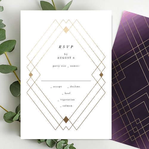 Gold Diamond Purple Geometric Deco Gatsby Wedding RSVP Card