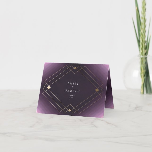 Gold Diamond Purple Geometric Deco Gatsby Wedding Thank You Card (Front)