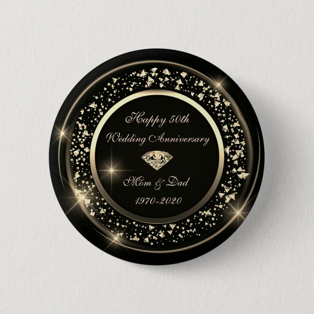 Gold Diamond Shiny Black  50th Wedding Anniversary Button (Front)