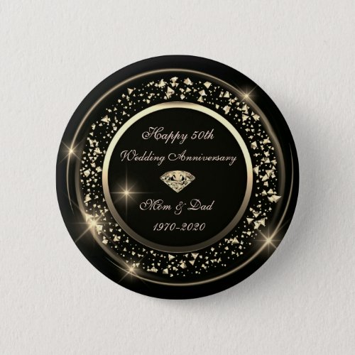 Gold Diamond Shiny Black  50th Wedding Anniversary Button