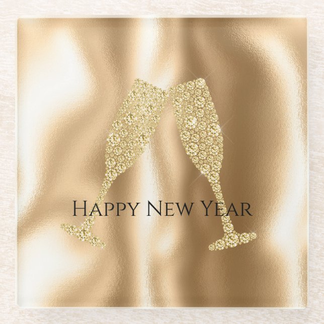Gold Diamond Sparkle Champagne Glasses New Year's Glass Coaster (Front)