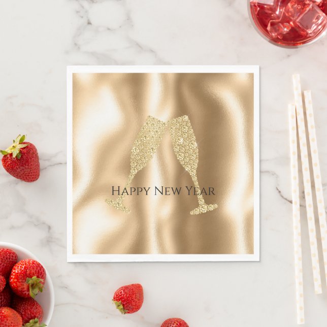 Gold Diamond Sparkle Champagne Glasses New Year's Napkins (Insitu)