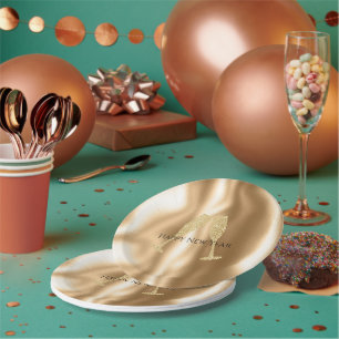Gold Diamond Sparkle Champagne Glasses New Year's Paper Plates